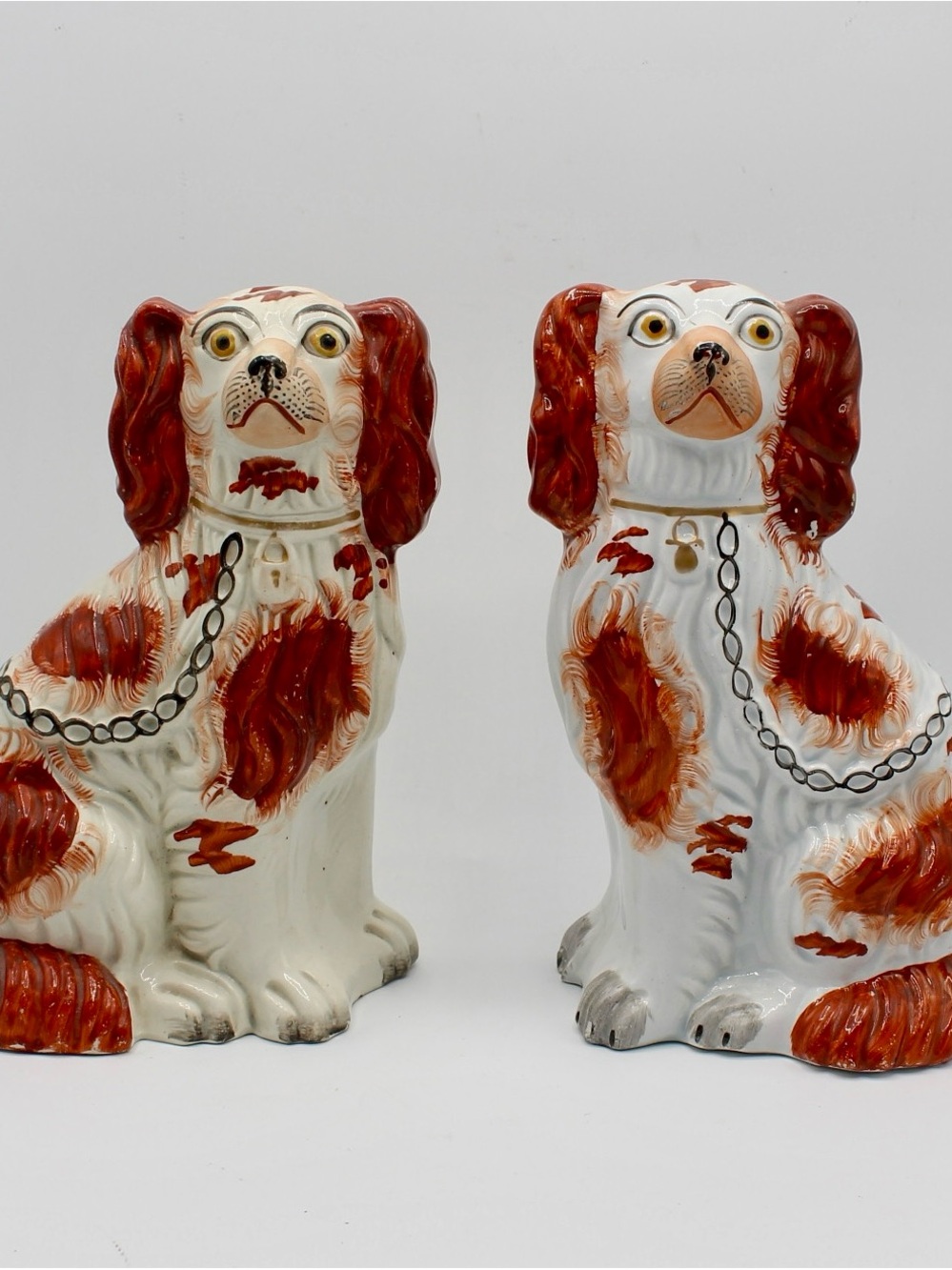 Pair of Antique English Staffordshire Dogs, Russet Red & White, 9 1/2"